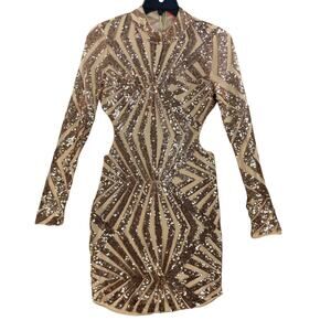 Xtaren Sequin Womens Dress Bling Gold Shimmer open back Size L Party High neck